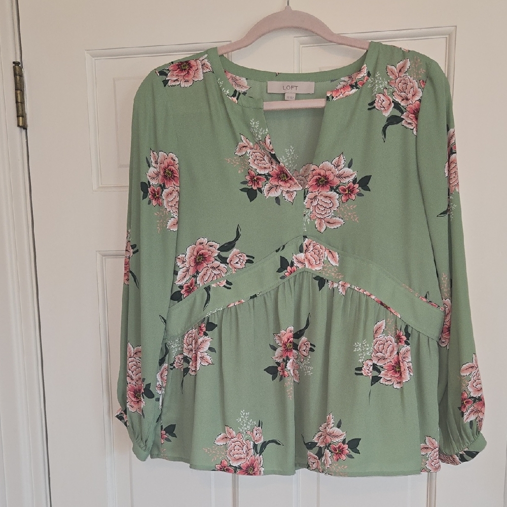 LOFT Sage Green and Pink Floral Blouse